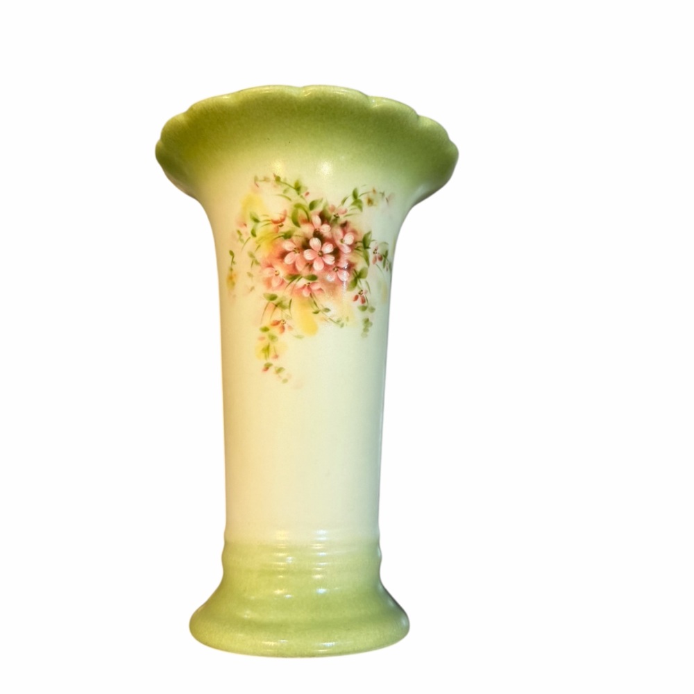 Burton & Burton‎ Hand-Painted Floral Vase Green Satin Finish 6” Scalloped Rim